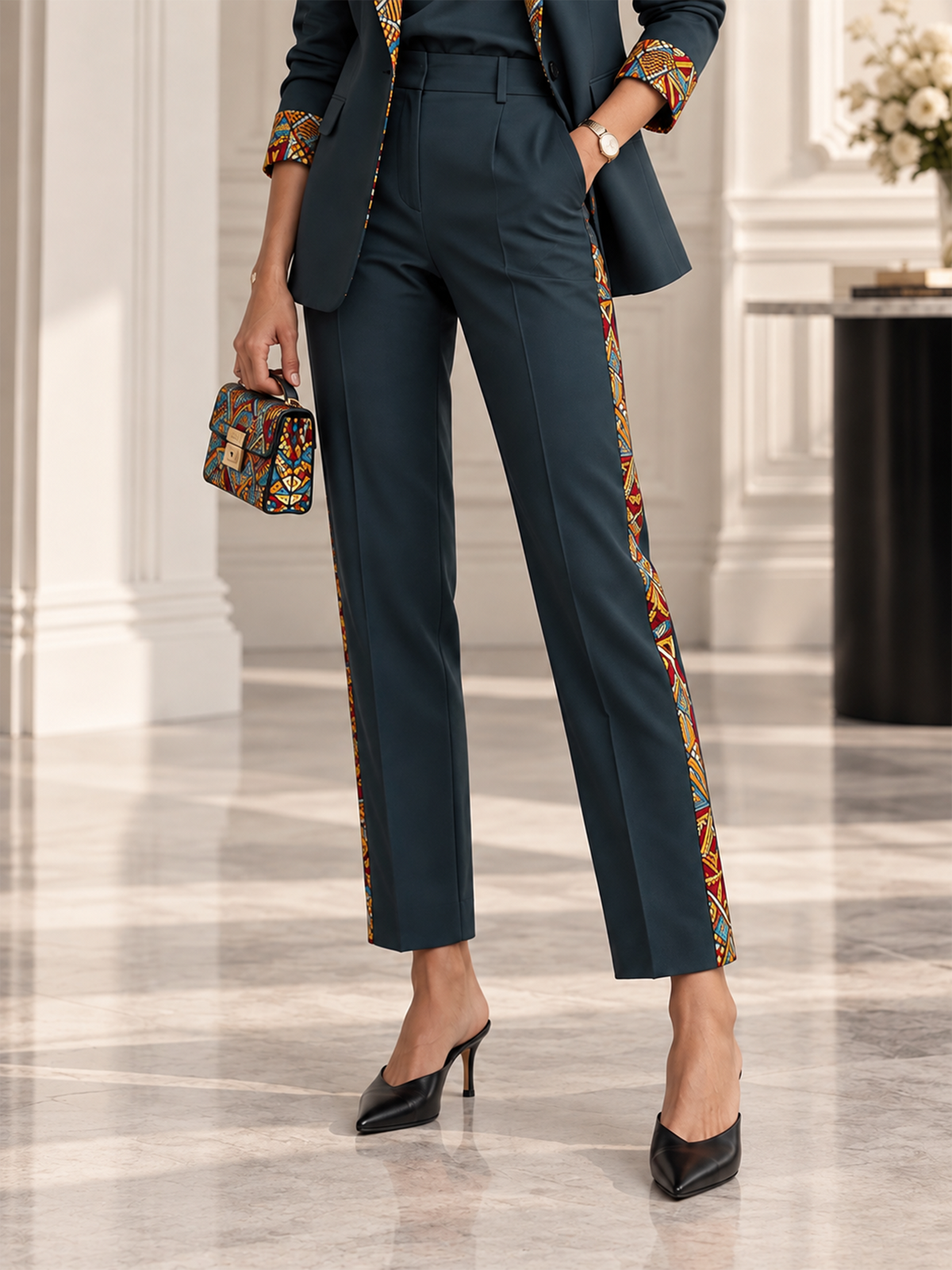 Teal Blazer With Geometric Ethnic Print Trim & Matching Tailored Trousers 2-Piece Suit