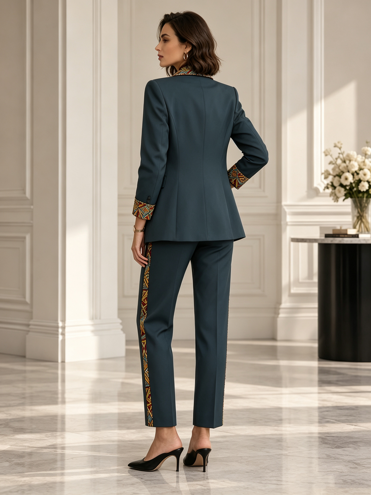 Teal Blazer With Geometric Ethnic Print Trim & Matching Tailored Trousers 2-Piece Suit