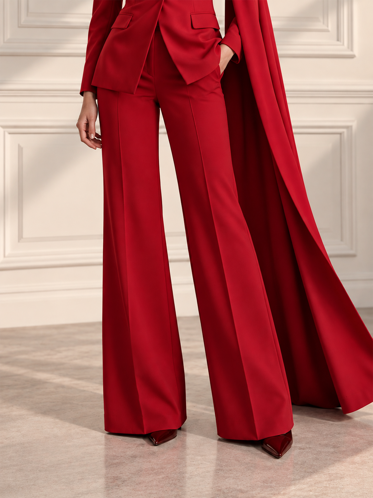 Red Cape Sleeve Notch Lapel Blazer & Wide Leg Trousers 2-Piece Suit