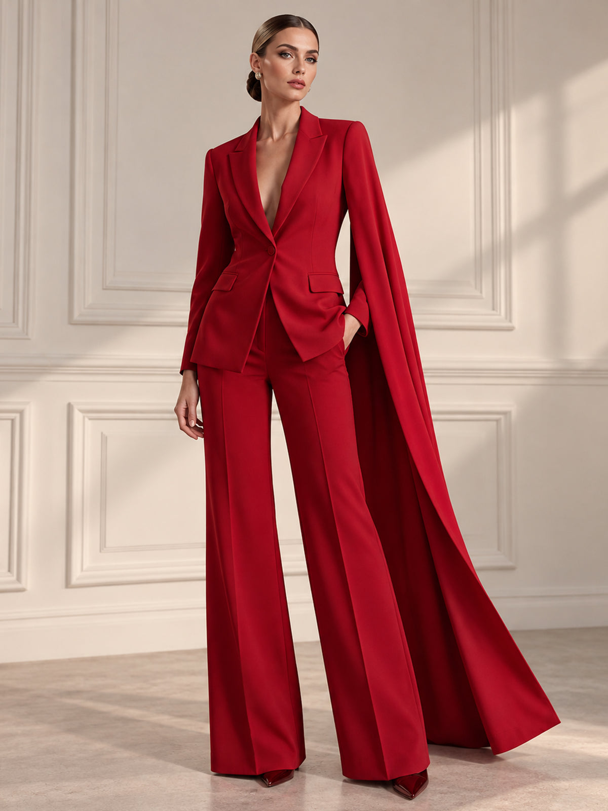 Red Cape Sleeve Notch Lapel Blazer & Wide Leg Trousers 2-Piece Suit