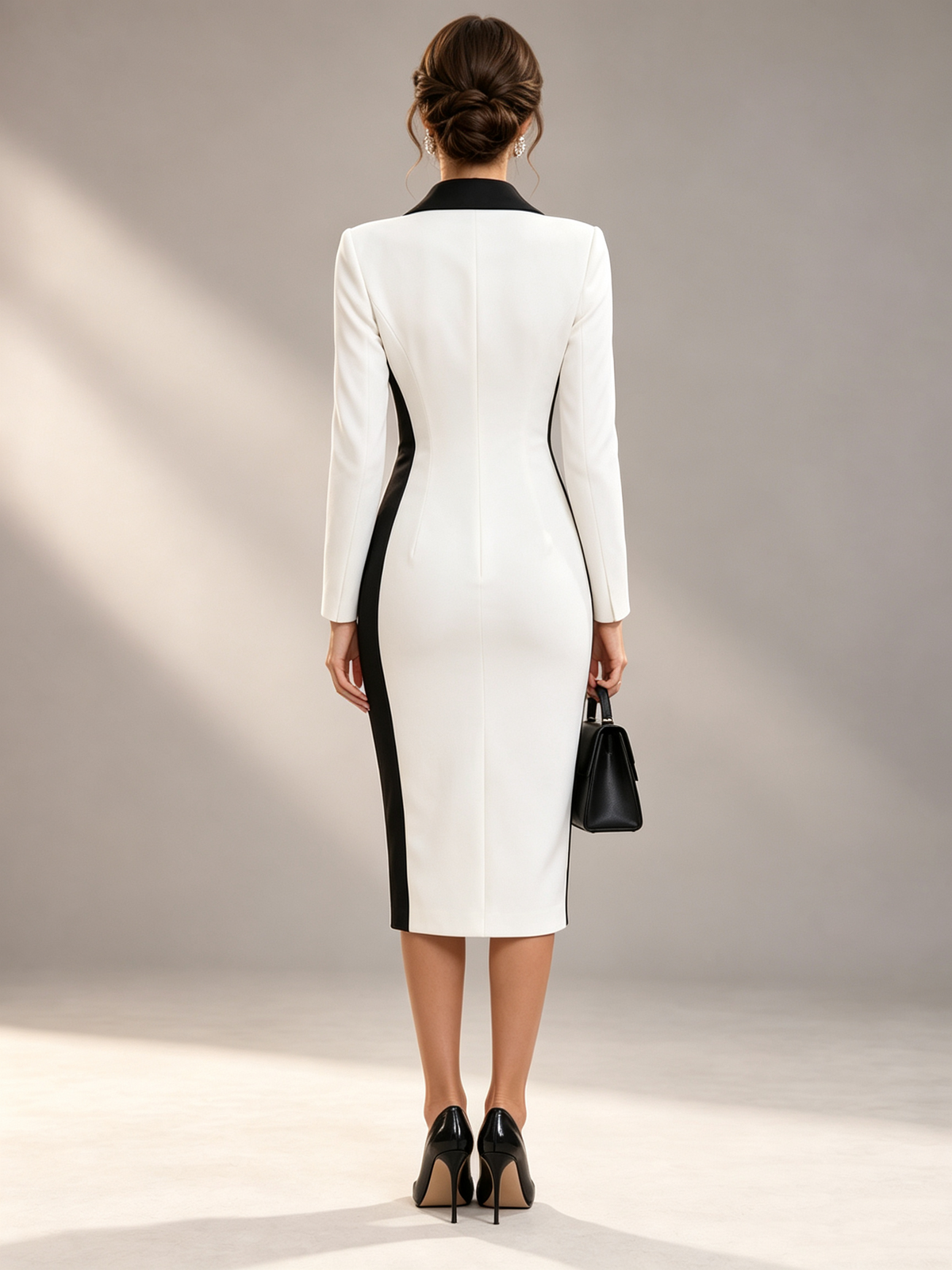 White Black Color Block Peak Lapel Double Breasted Blazer Midi Dress