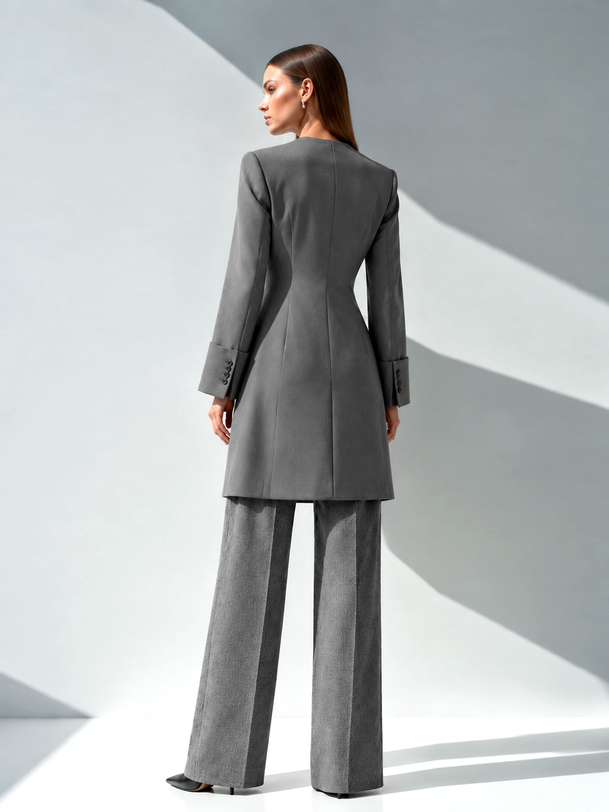 Grey Crew Neck Mid-Length Single Breasted Coat & Wide Leg Trousers 2-Piece Suit