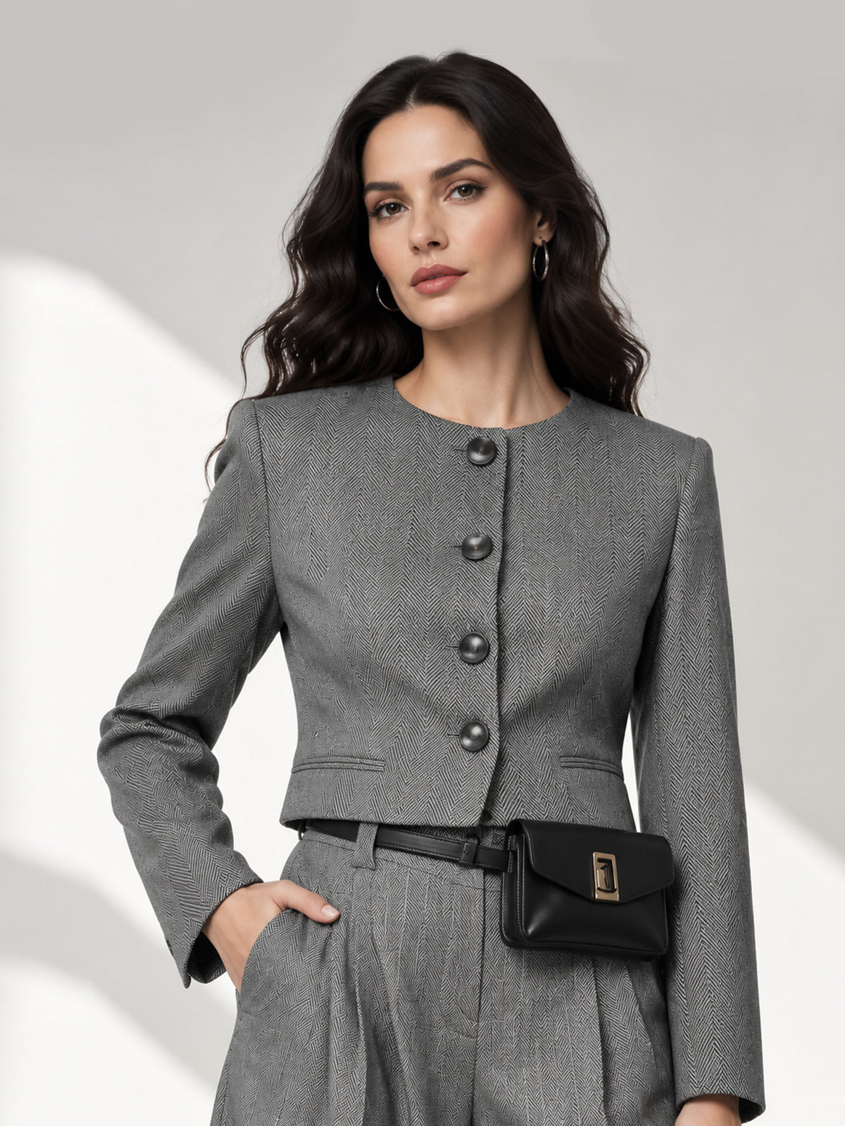 Grey Crewneck Cropped Single Breasted Coat & Wide Leg Trousers 2-Piece Suit