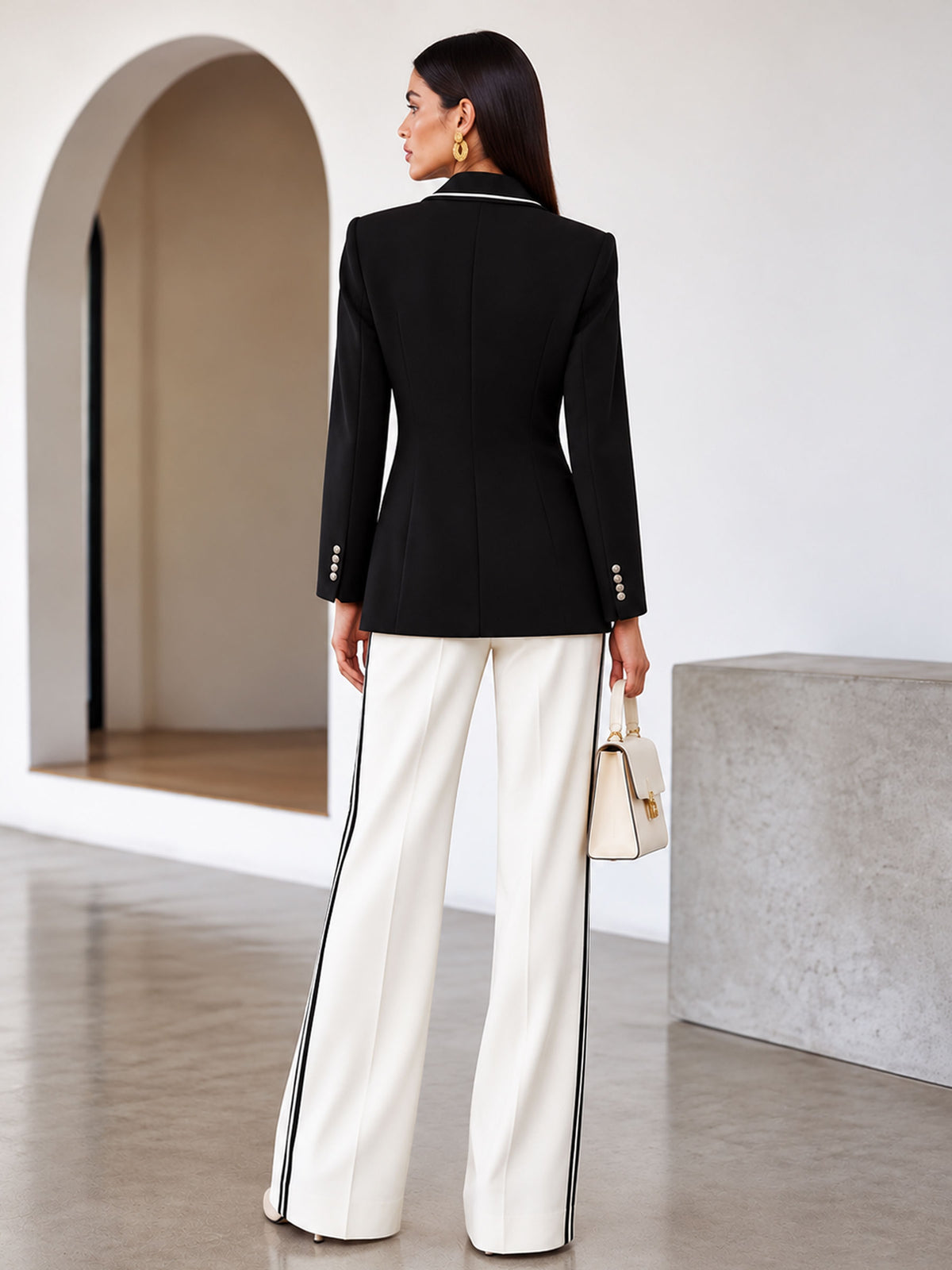 Black & White Color Block Notch Lapel One Button Blazer & White Straight Leg Trousers 2-Piece Suit