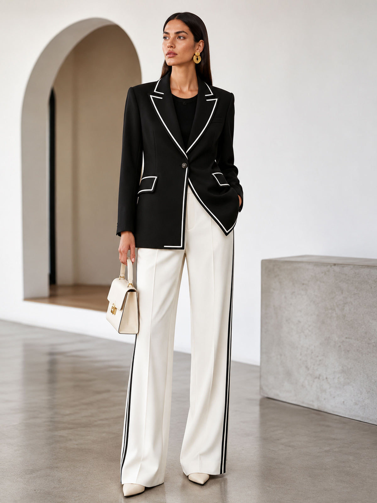 Black & White Color Block Notch Lapel One Button Blazer & White Straight Leg Trousers 2-Piece Suit