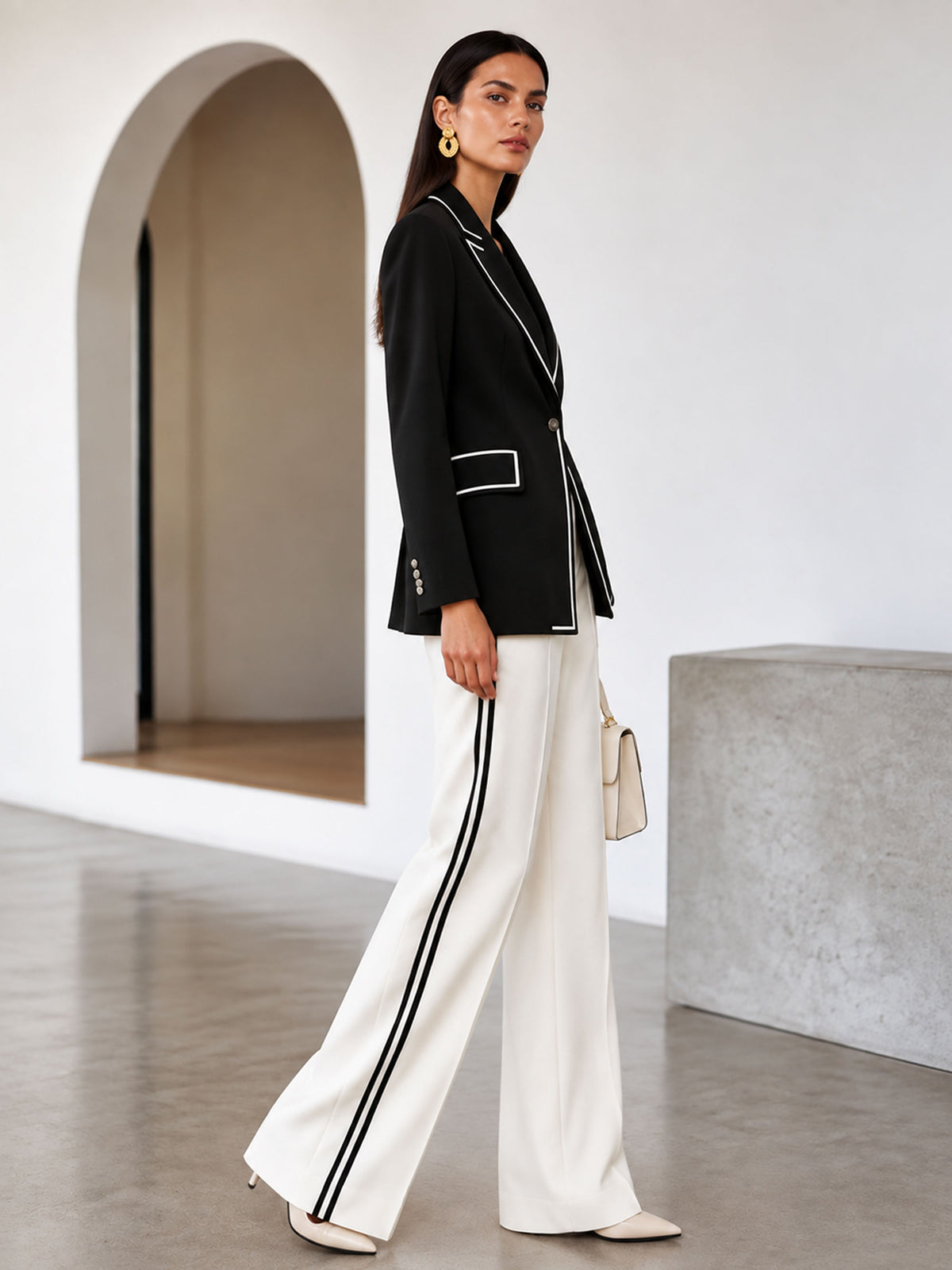 Black & White Color Block Notch Lapel One Button Blazer & White Straight Leg Trousers 2-Piece Suit