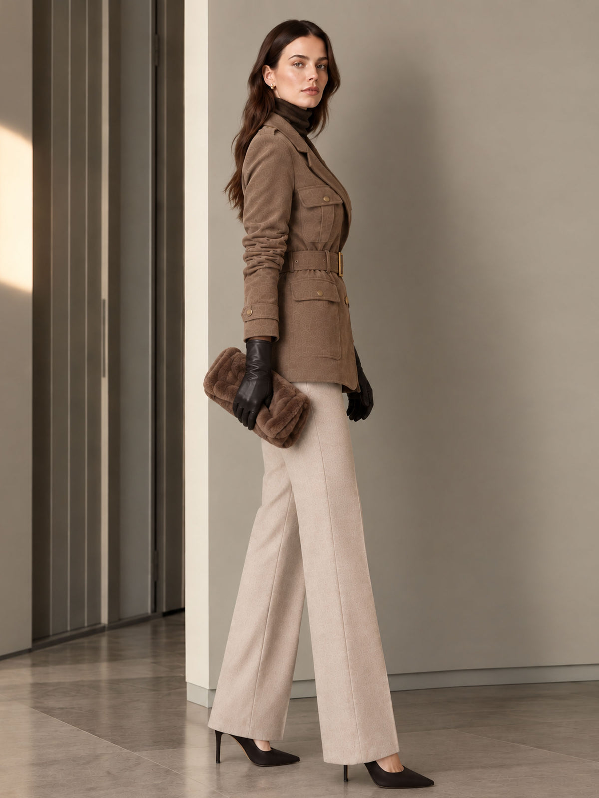 Dark Khaki Suede Notch Lapel Single Breasted Belted Coat & Mocha Straight Leg Trousers 2-Piece Suit
