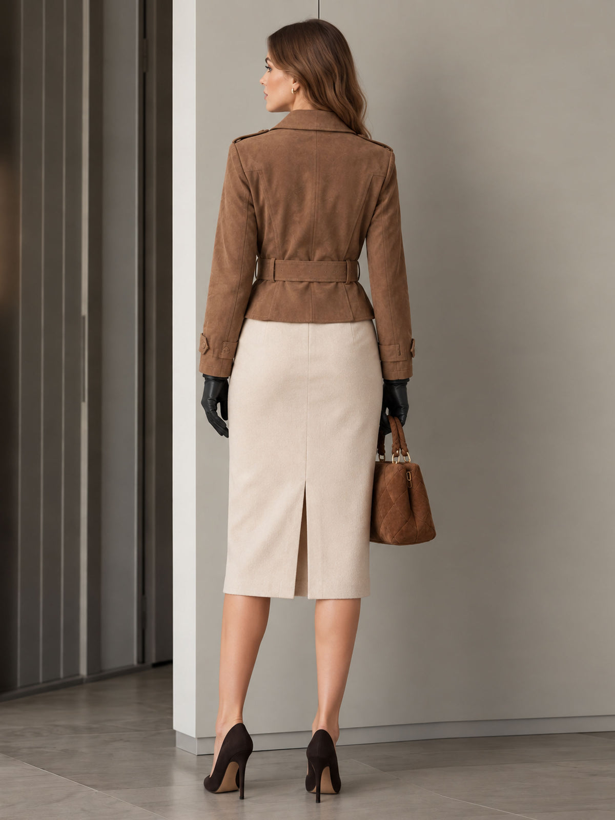Dark Khaki Suede Notch Lapel Single Breasted Belted Short Jacket & Beige Bodycon Skirt 2-Piece Suit