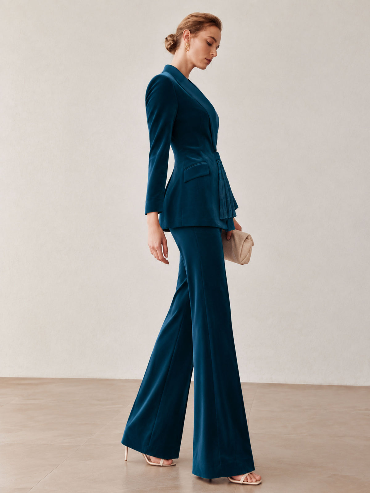 Peacock Blue Velvet Shawl Collar Tassel Blazer & Flared Pants 2-Piece Suit