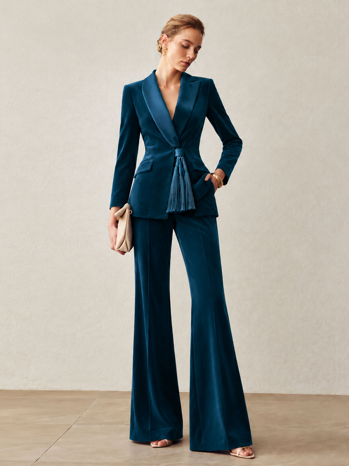 Peacock Blue Velvet Shawl Collar Tassel Blazer & Flared Pants 2-Piece Suit