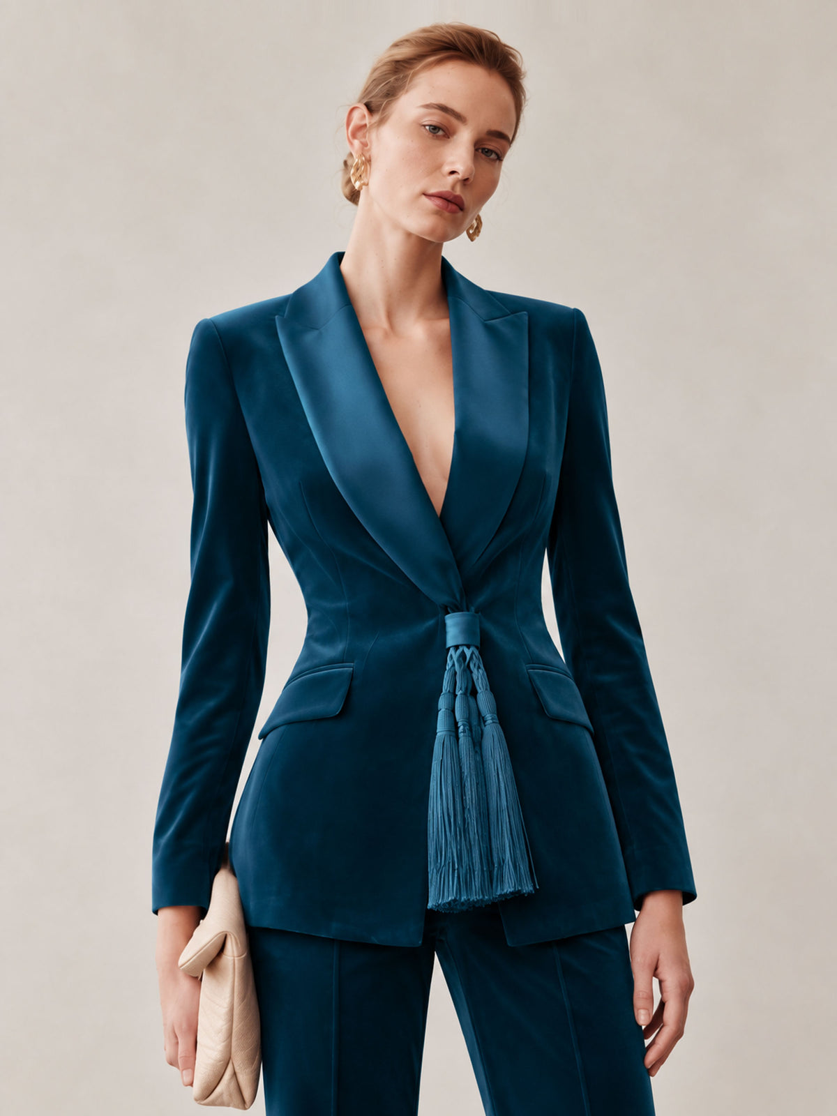 Peacock Blue Velvet Shawl Collar Tassel Blazer & Flared Pants 2-Piece Suit