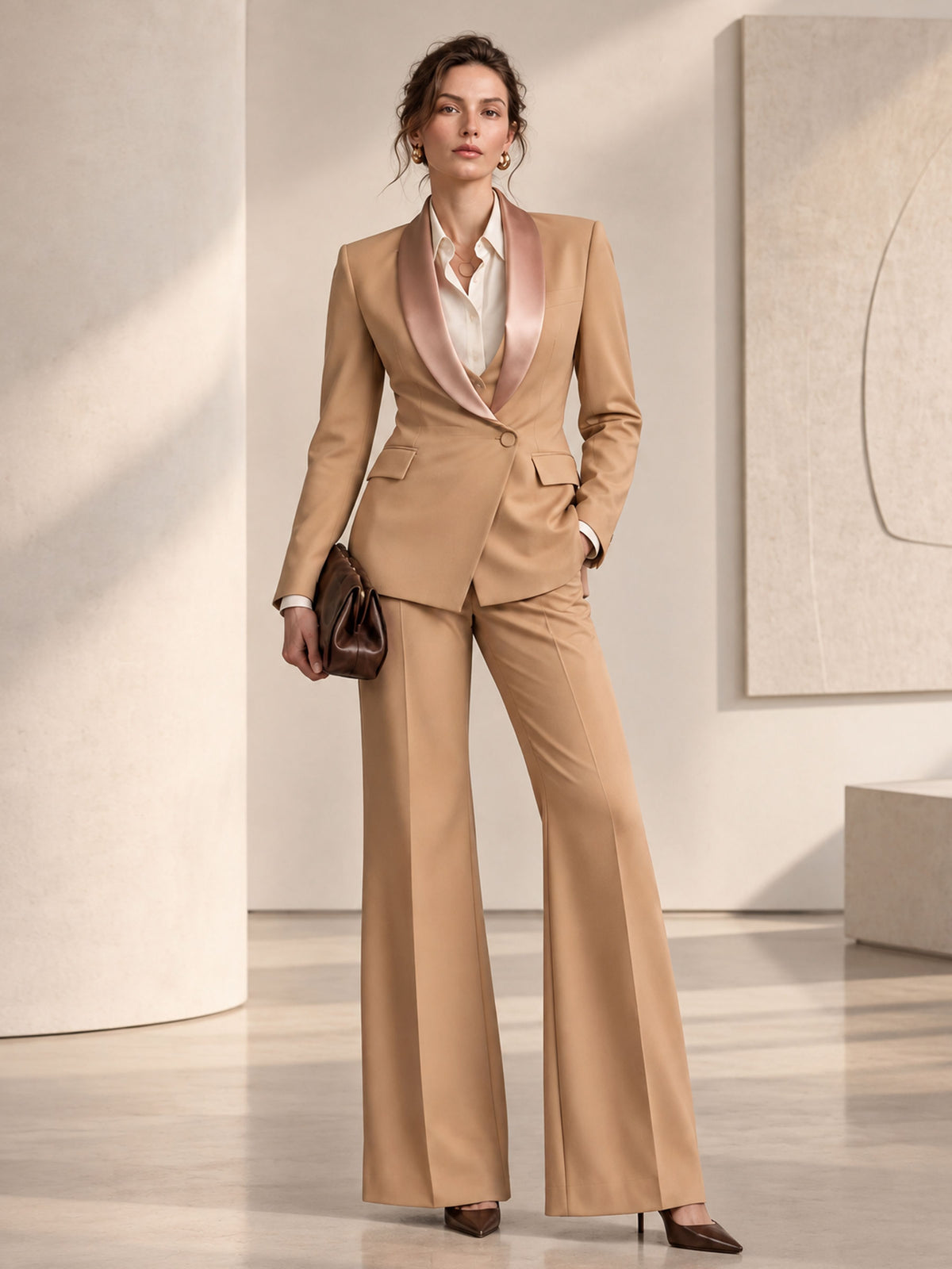 Nude Orange Shawl Collar One Button Asymmetrical Placket Blazer & Straight Leg 2-Piece Suit