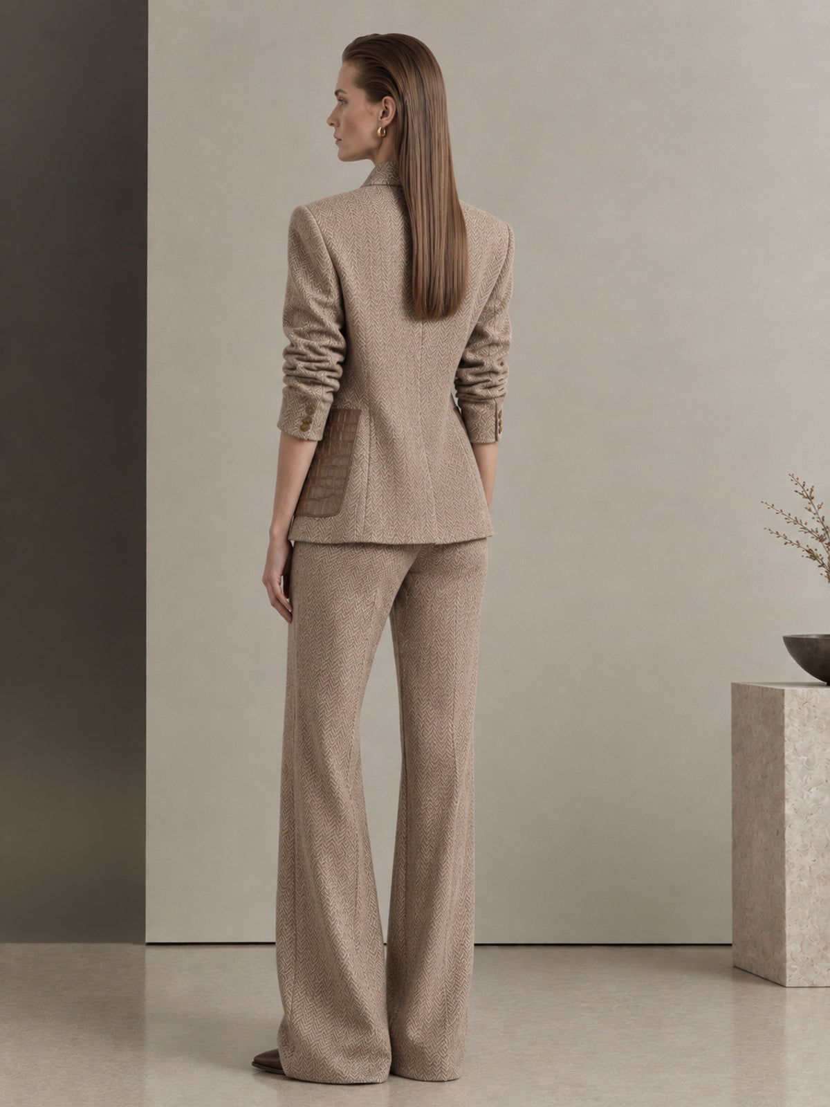 Camel Stand Collar Single Button Herringbone Tweed Blazer & Straight Leg Pants 2-Piece Suit