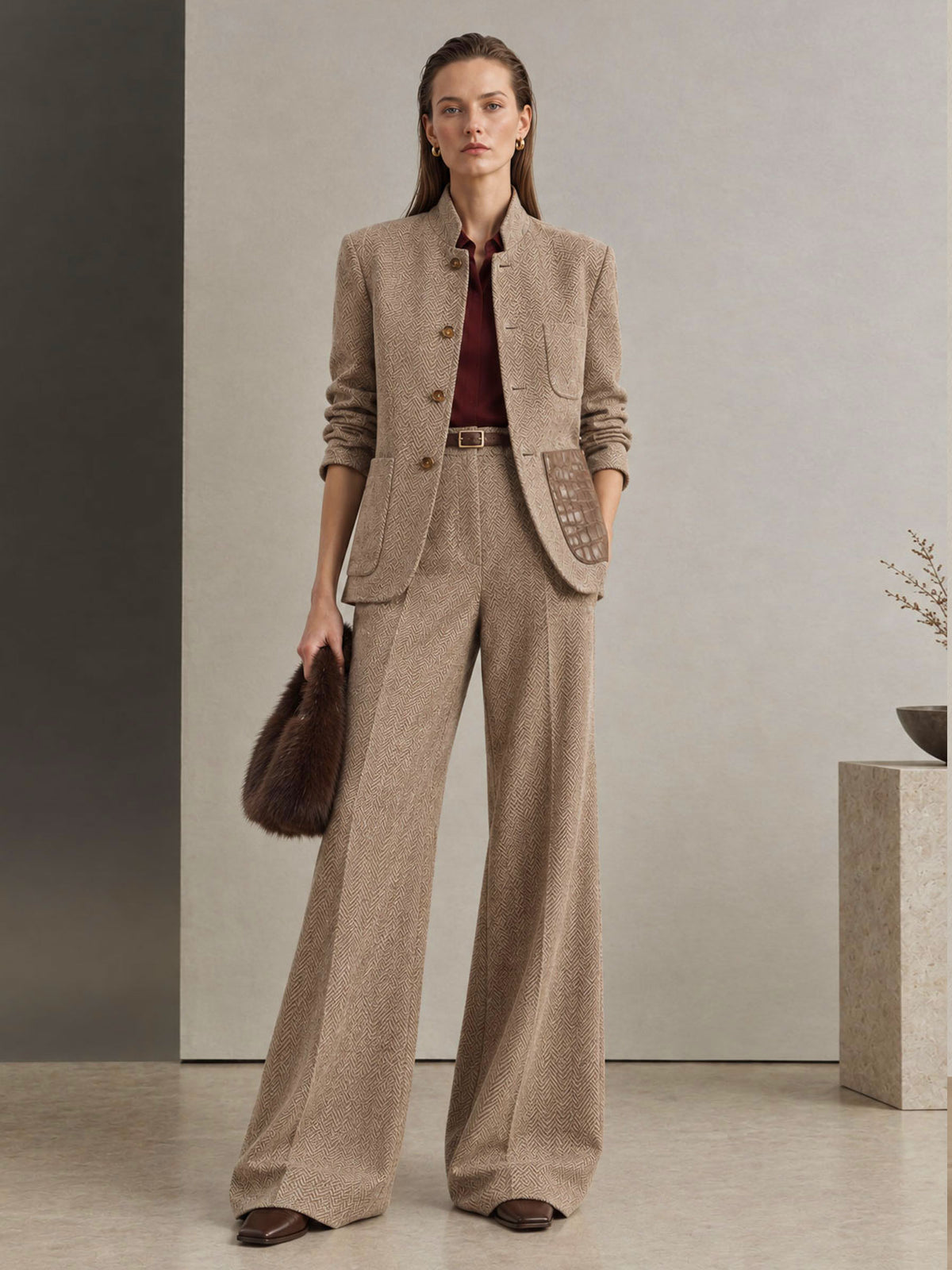 Camel Stand Collar Single Button Herringbone Tweed Blazer & Straight Leg Pants 2-Piece Suit