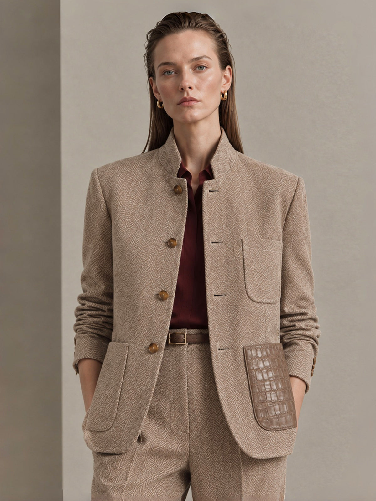Camel Stand Collar Single Button Herringbone Tweed Blazer & Straight Leg Pants 2-Piece Suit