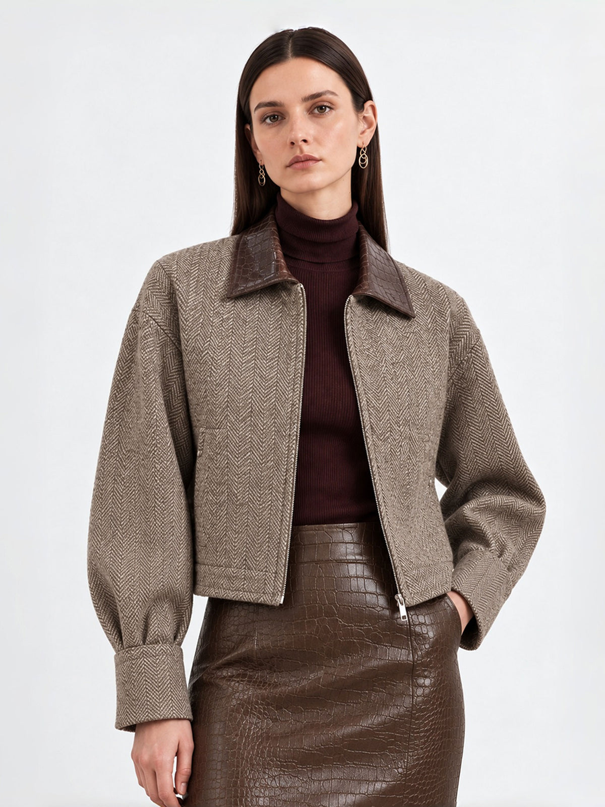 Camel Herringbone Tweed Zip Jacket with Faux Croc Trim Collar & Straight Faux Croc Midi Skirt 2-Piece Suit
