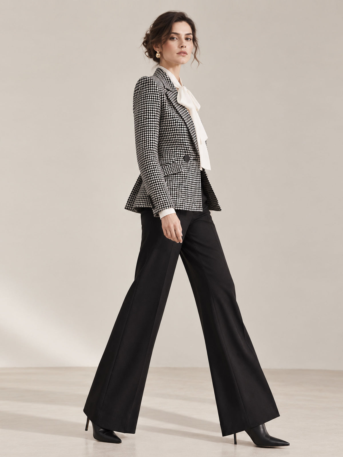 Black & White Fine Stripe Notch Lapel Double-Breasted Two-Button Blazer & Black Wide Leg 2-Piece Suit