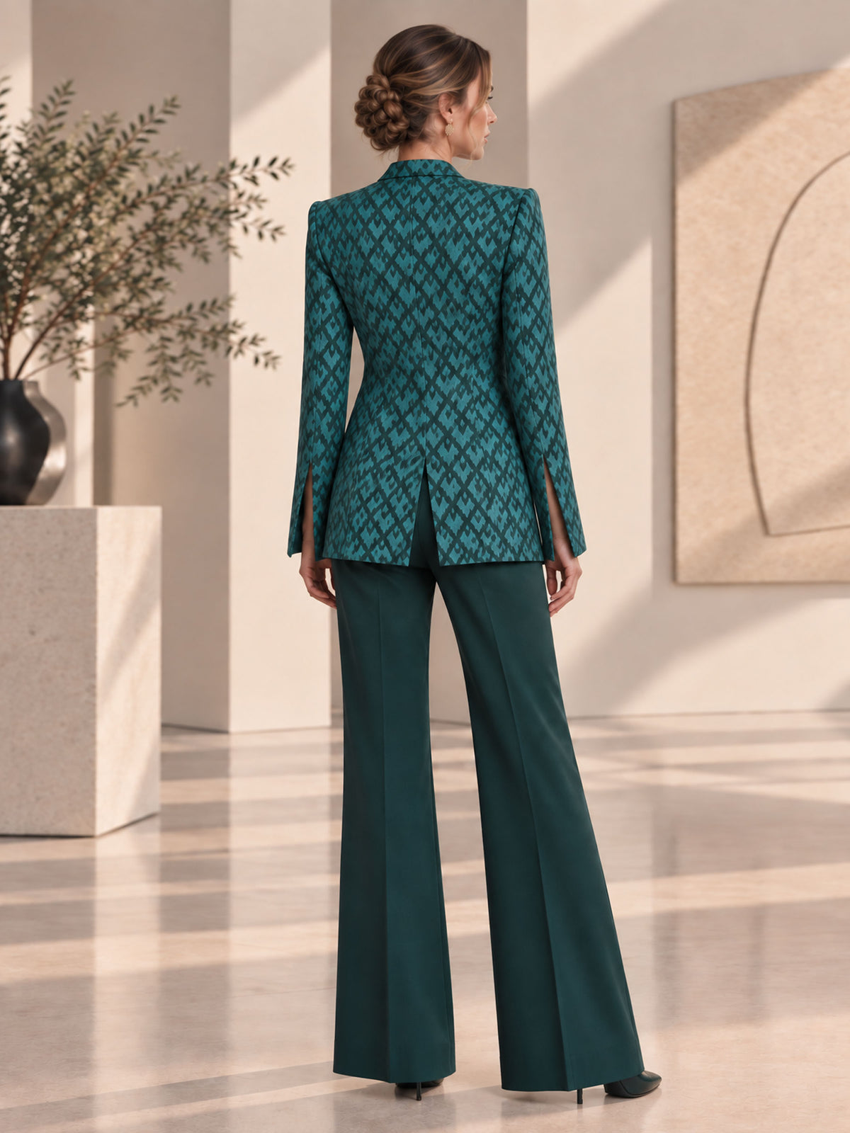 Turquoise Green V-Neck Tie Front Blazer & Wide Leg 2-Piece Suit