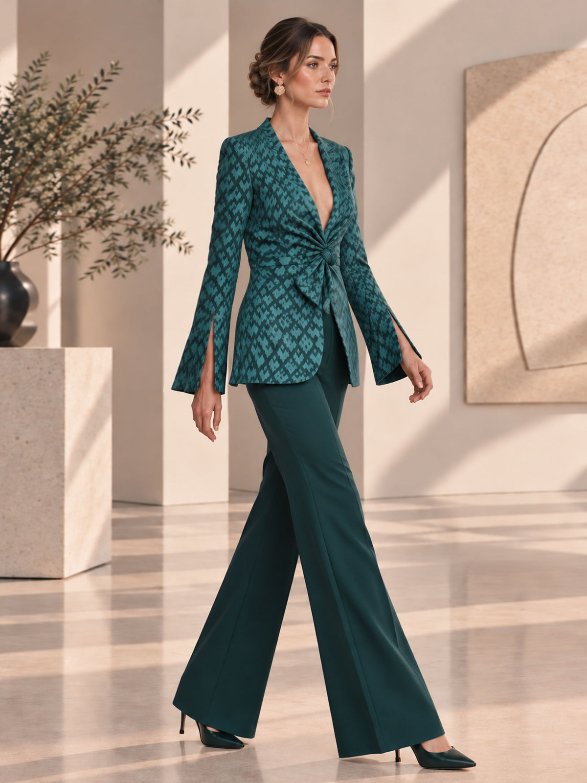 Turquoise Green V-Neck Tie Front Blazer & Wide Leg 2-Piece Suit