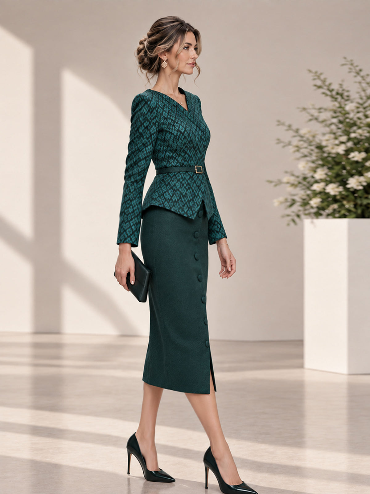 Turquoise Green Jacquard V-Neck Asymmetrical Placket Belted Short Blazer & Midi Pencil Skirt 2-Piece Suit