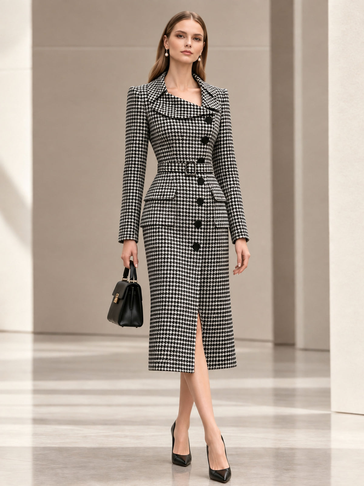 Black and White Houndstooth Wool Blend Roll Collar Belted Long Coat
