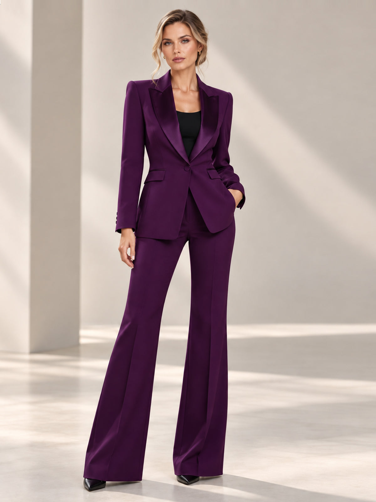 Purple Satin Peak Lapel Single Breasted Blazer And Pants 2-Piece Suit