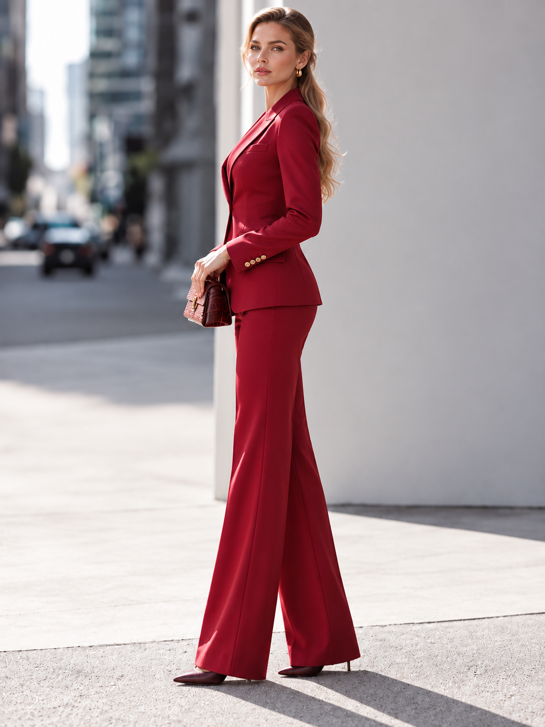 Red Peak Lapel Blazer And Wide Leg Pants 2-Piece Suit
