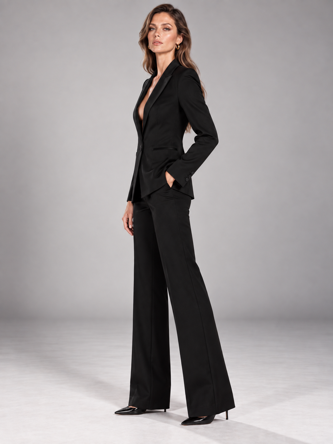 Black Peak Lapel Blazer And Wide Leg Pants 2-Piece Suit
