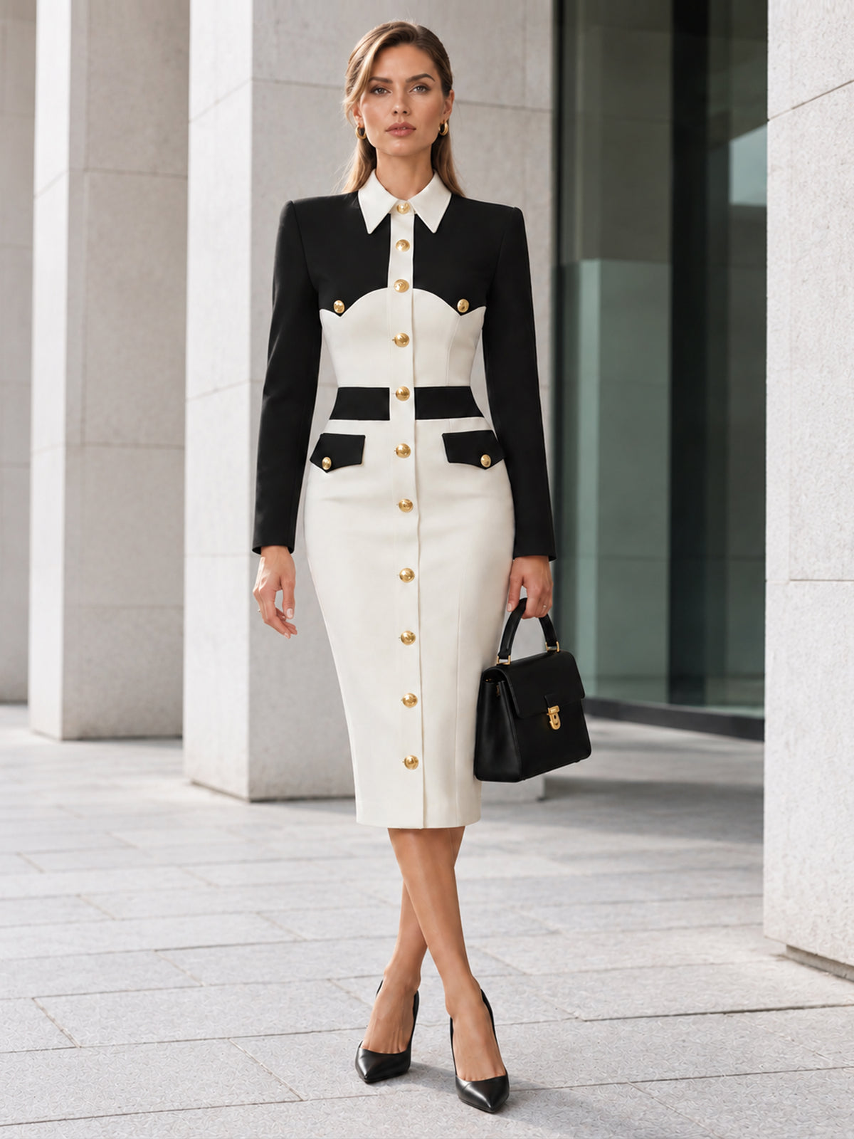 Black And White Lapel Single Breasted Blazer Dress