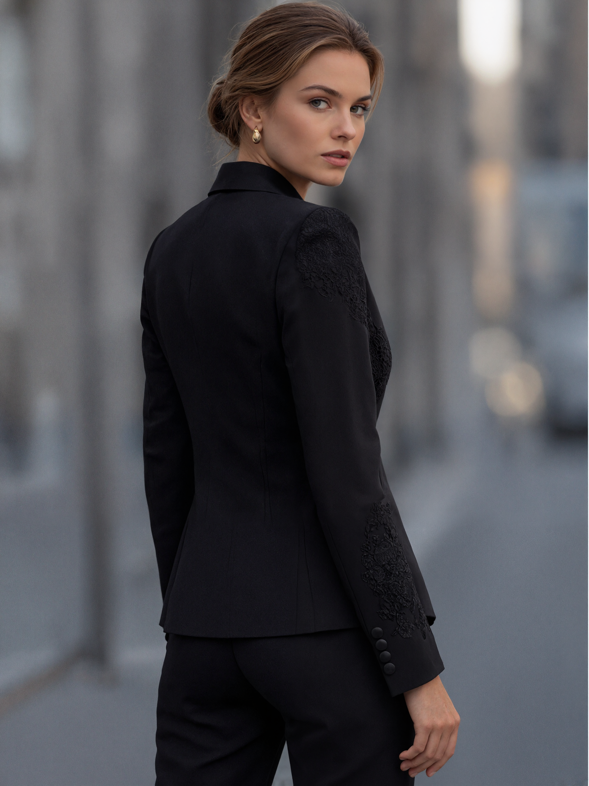 Black Peak Lapel With Lace Paneling Blazers