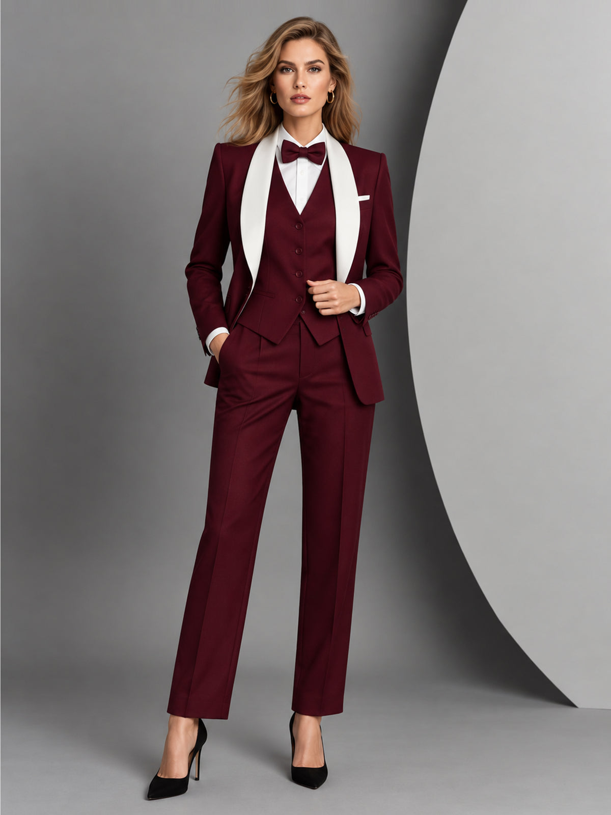 Burgundy Shawl Collar Blazer & Vast And Cropped Pants 3-Piece Suit