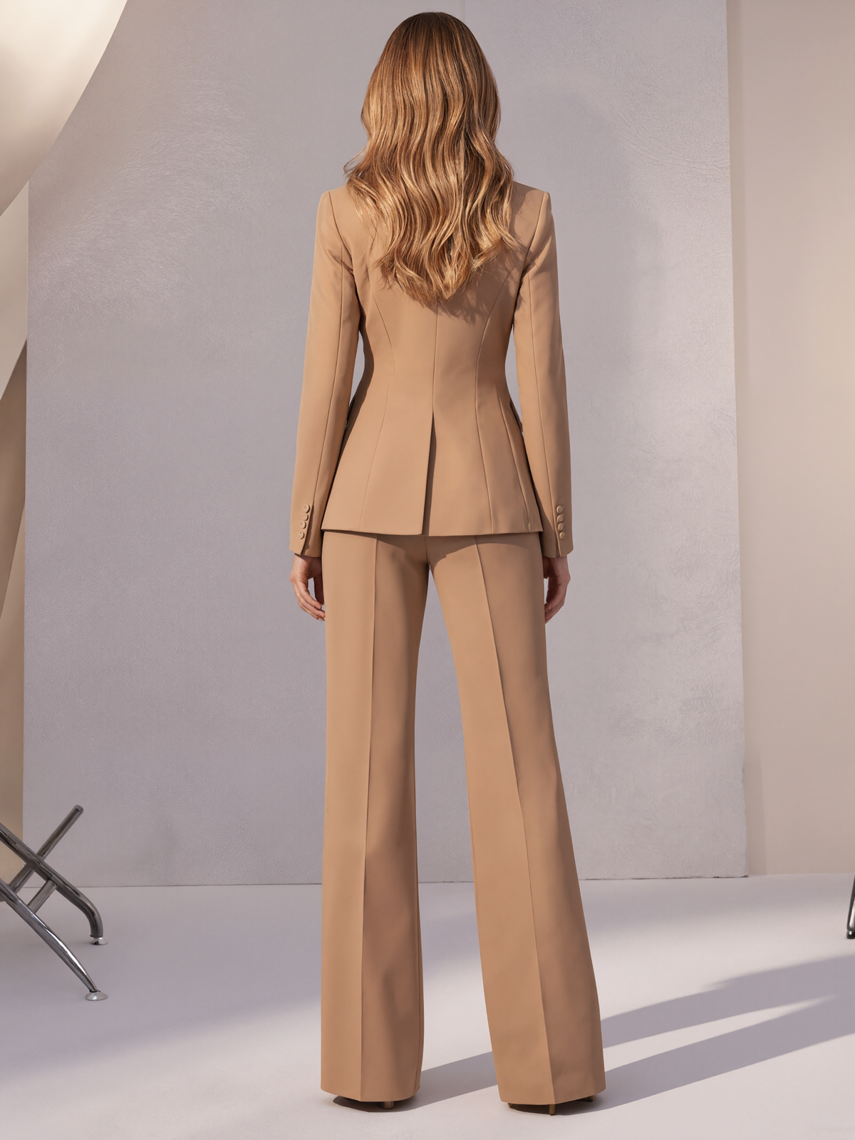 Camel Blazer With Peak Lapels And Wide Leg Pants 2-Piece Suit