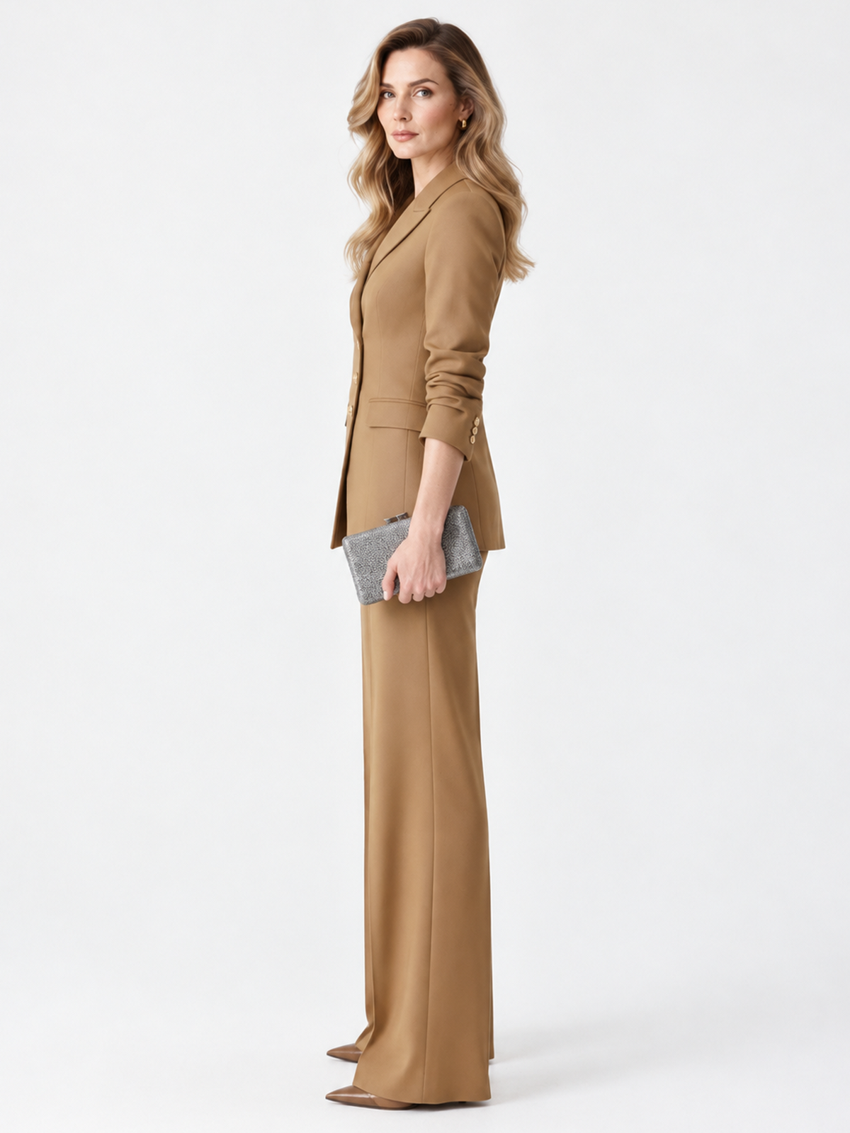 Camel Asymmetric Gold Button Peak Lapel Blazer And Wide Leg Pants 2-Piece Suit