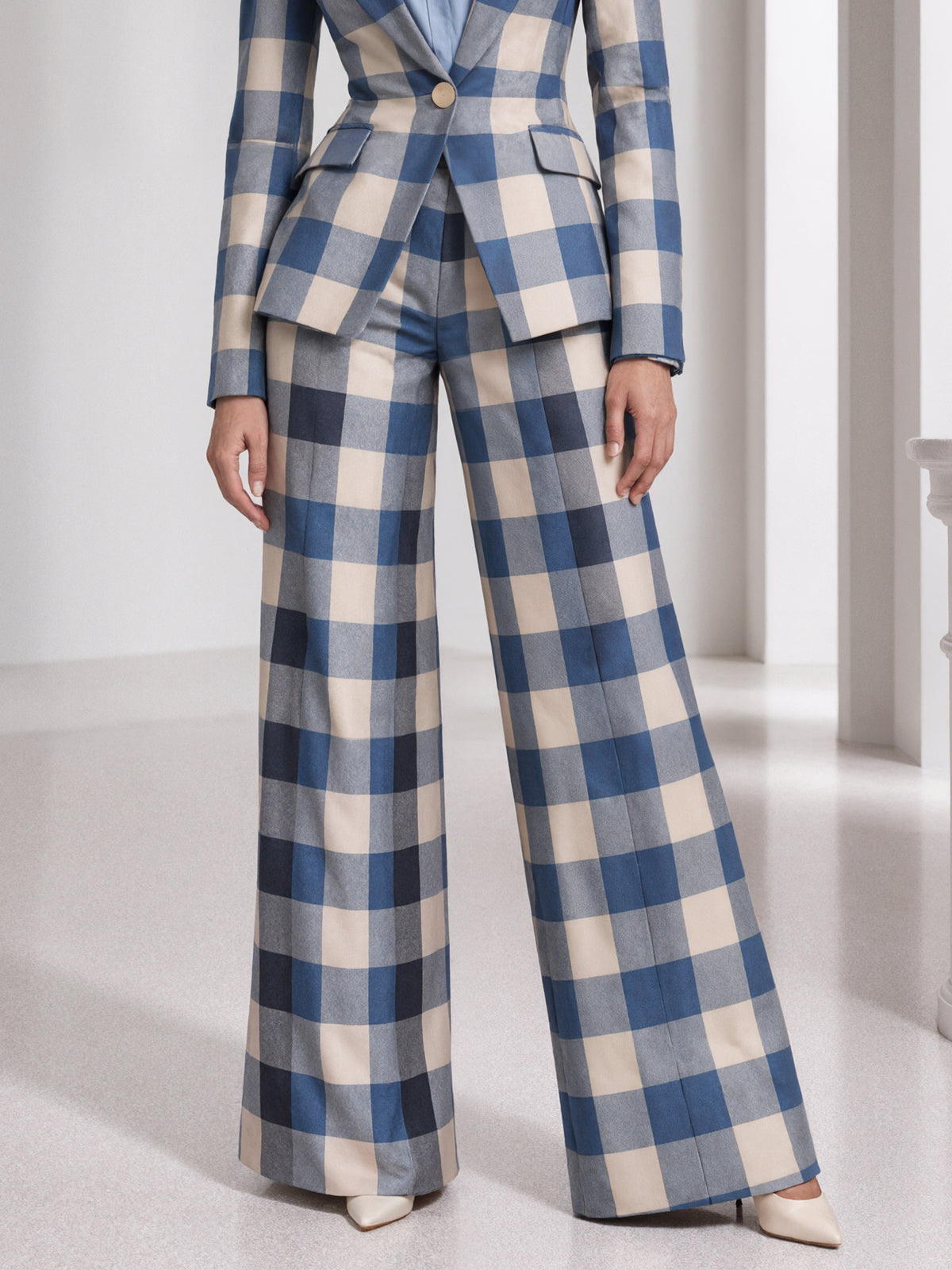Blue Plaid Single Breasted Blazer With Peak Lapels And Wide Leg Pants 2-Piece Suit