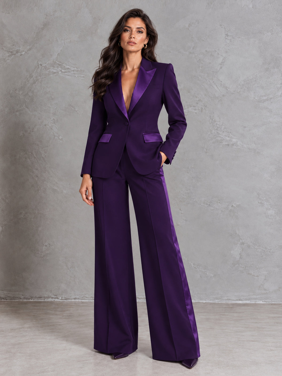 Purple Blazer With Peak Lapels And Wide Leg Pants 2-Piece Suit