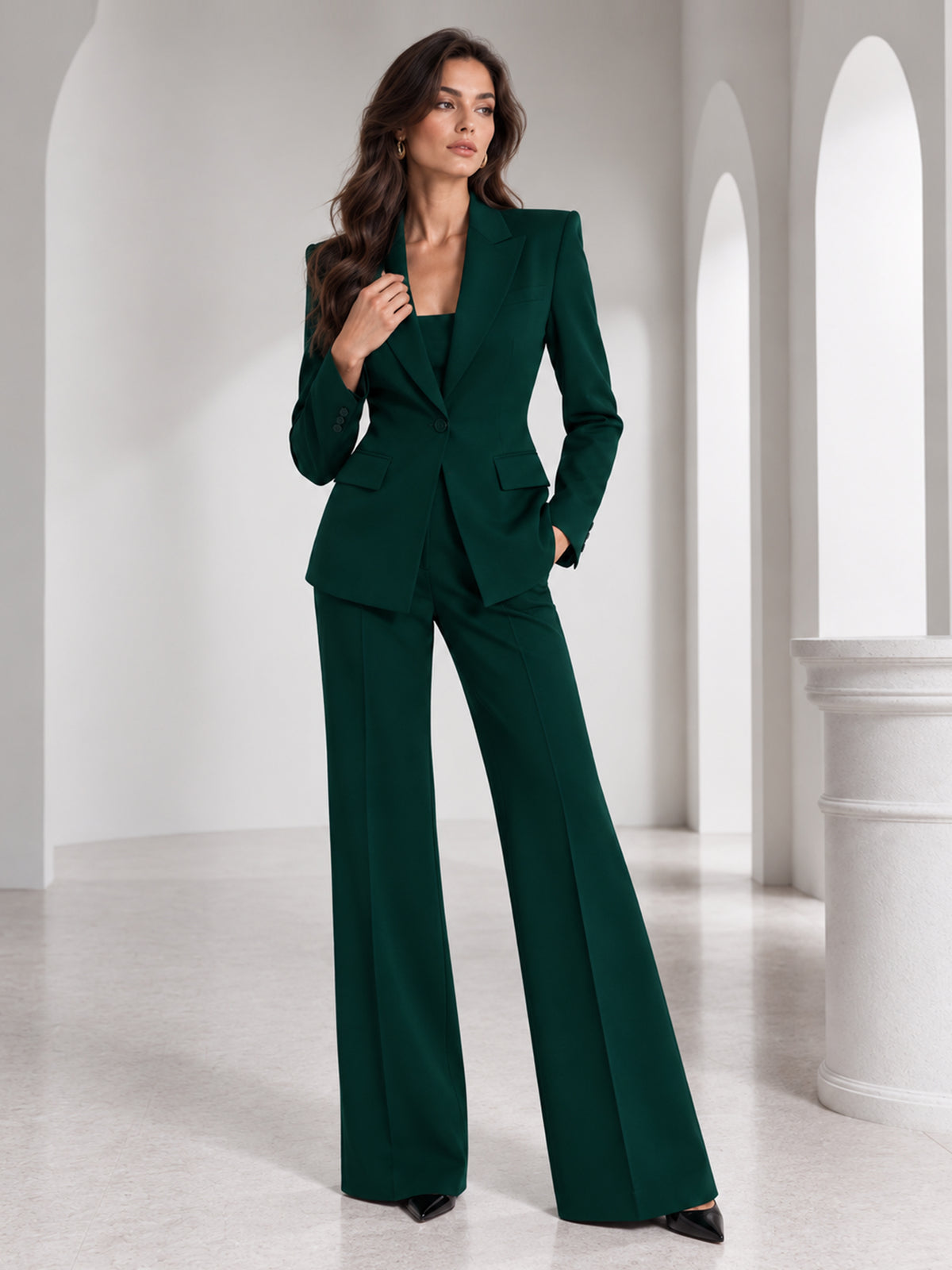 Green Single Breasted Blazer With Peak Lapels And Slightly Flared Wide Leg Pants 2-Piece Suit