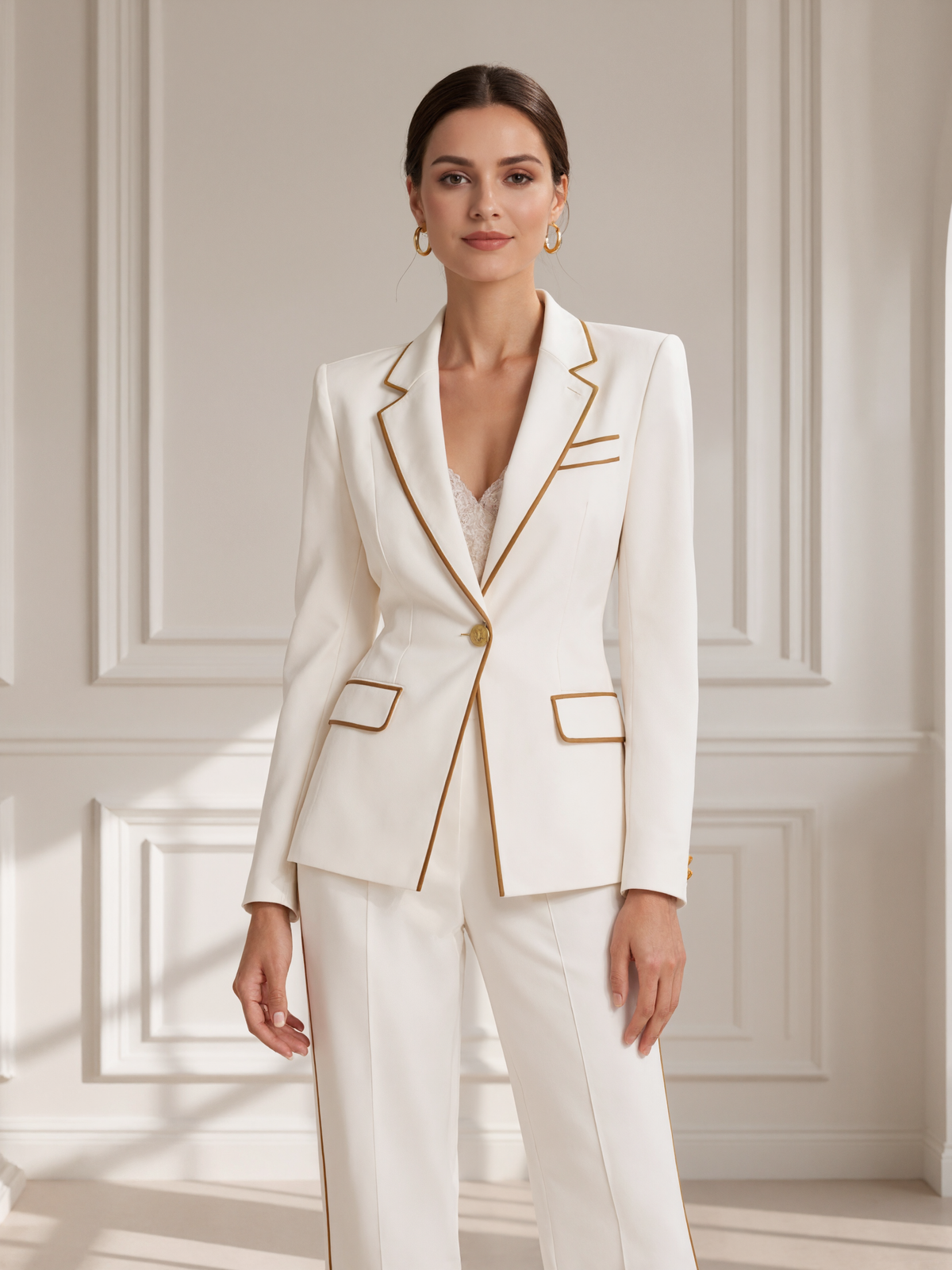 Cream Colored Single Breasted Blazer With Notch Lapels And Wide Leg Pants 2-Piece Suit