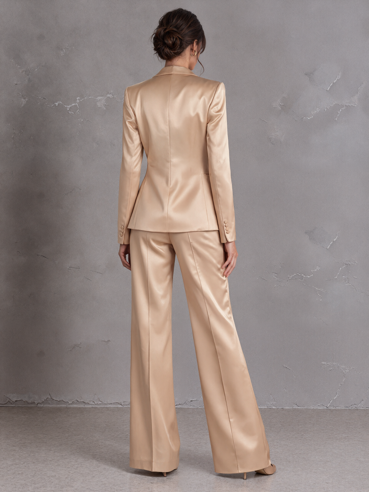 Champagne Colored Single Breasted Blazer With Peak Lapels And Wide Leg Pants 2-Piece Suit