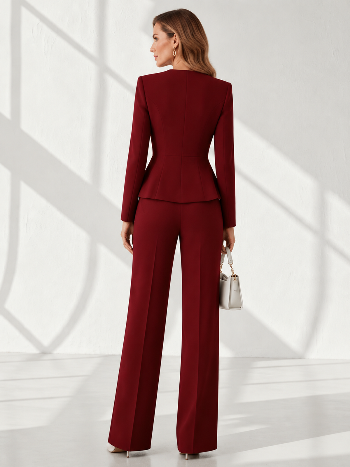 Burgundy Asymmetric Blazer And Wide Leg Pants 2-Piece Suit