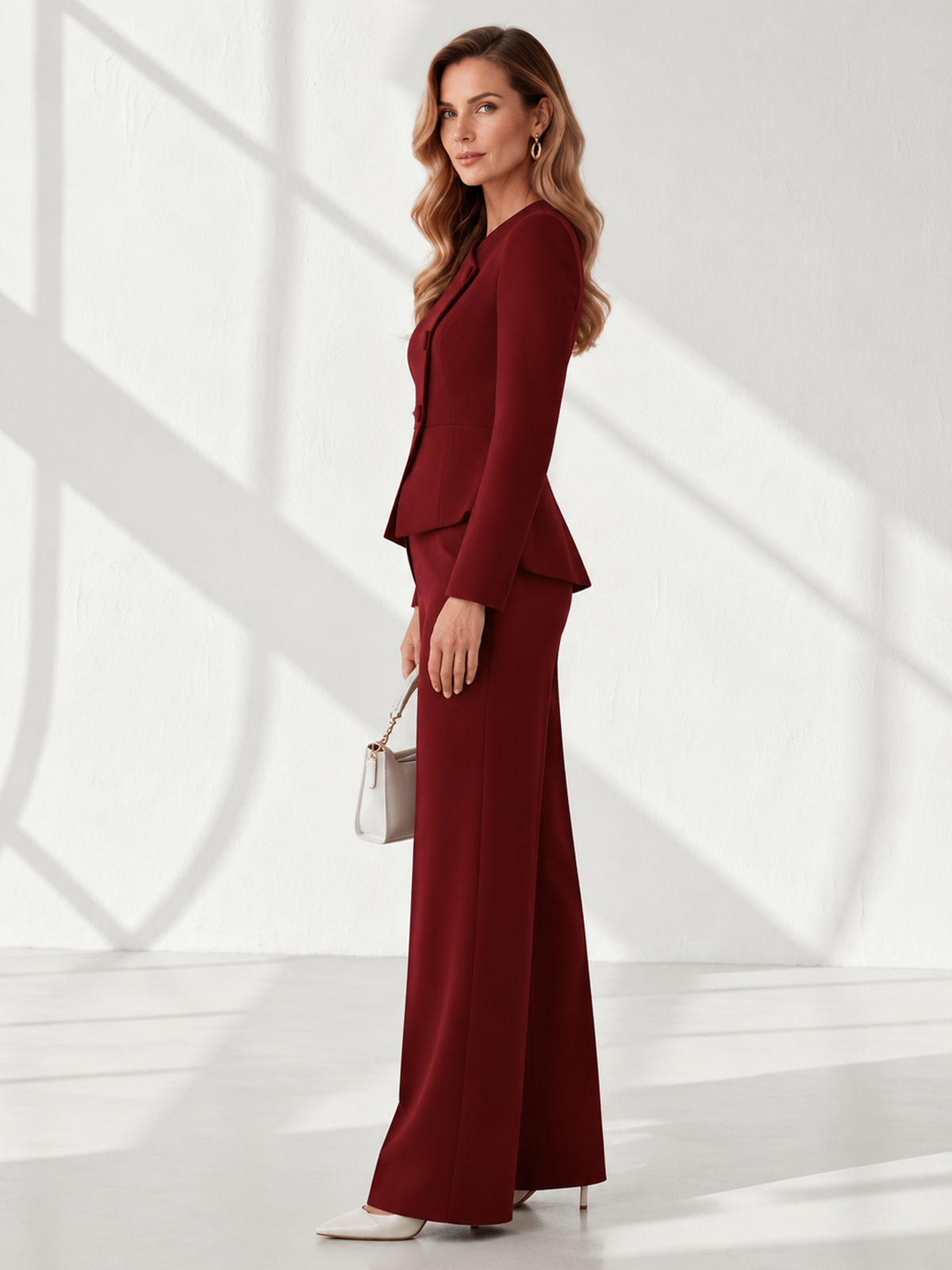 Burgundy Asymmetric Blazer And Wide Leg Pants 2-Piece Suit