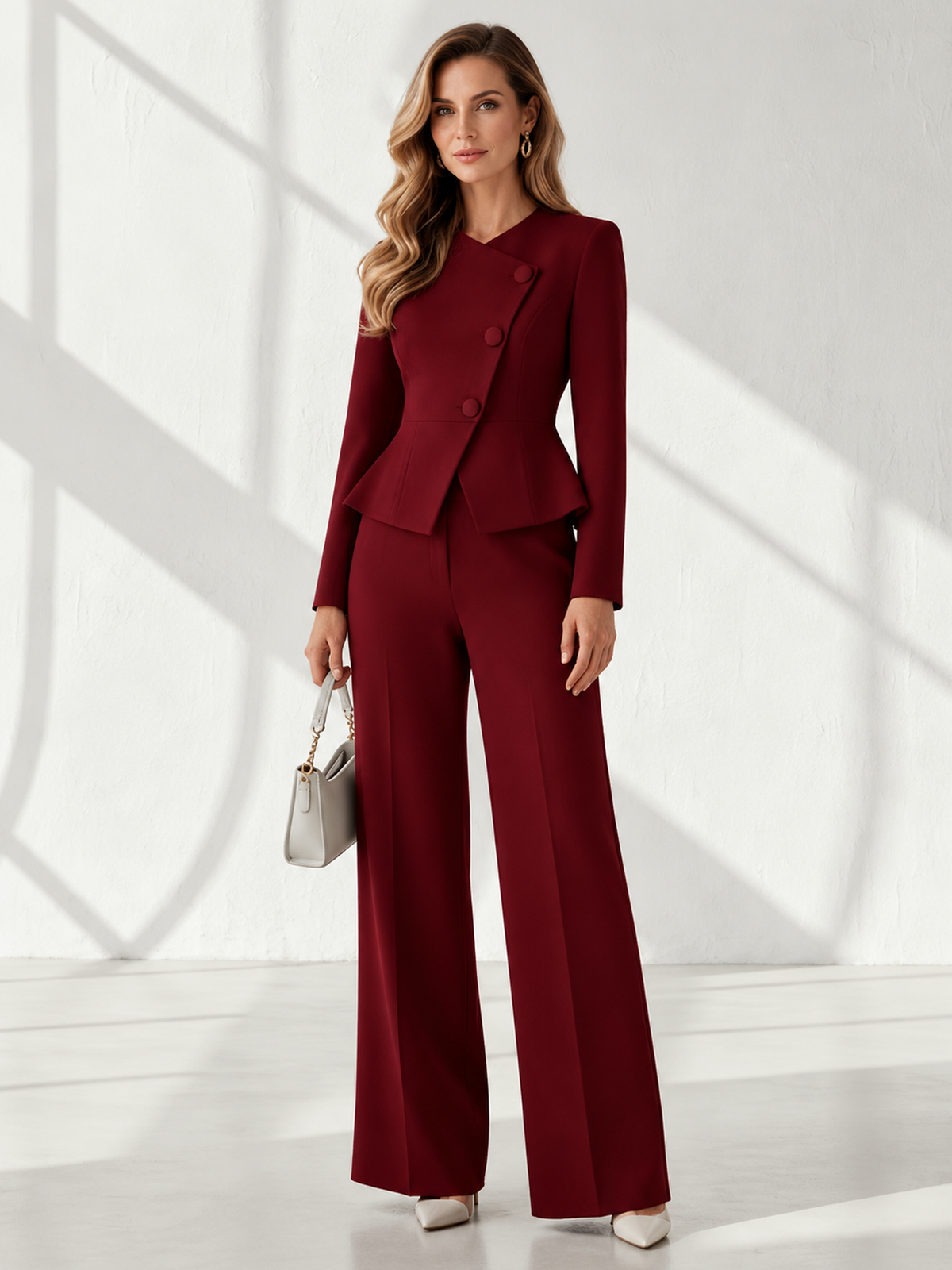 Burgundy Asymmetric Blazer And Wide Leg Pants 2-Piece Suit