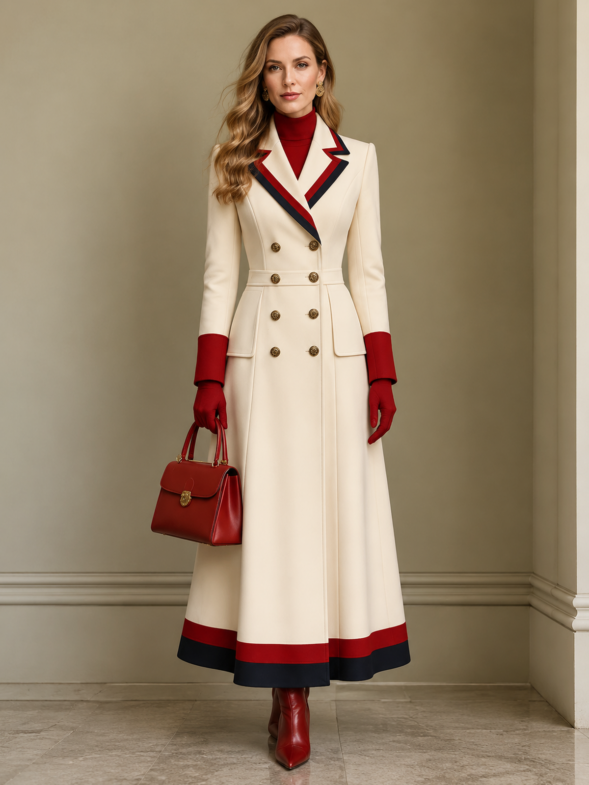 Cream Contrast Trim Long Maxi Blazer Dress