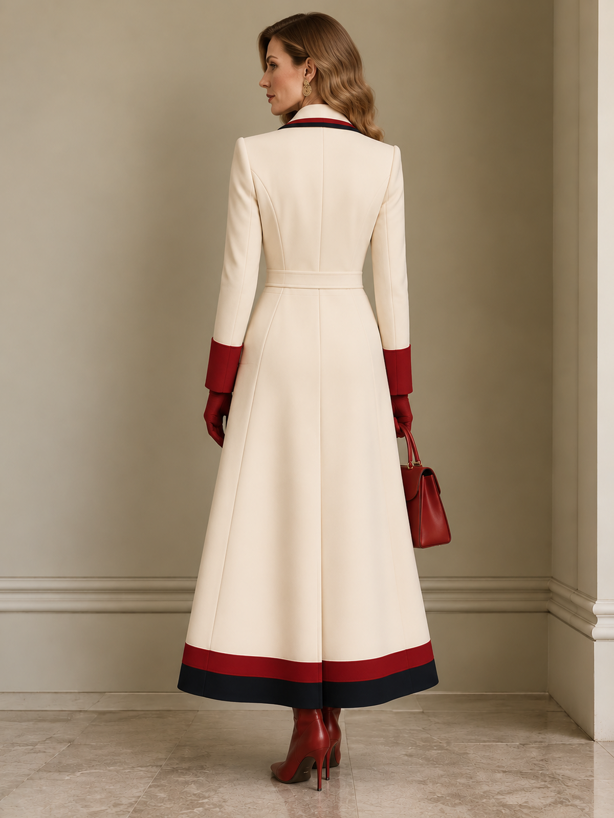 Cream Contrast Trim Long Maxi Blazer Dress