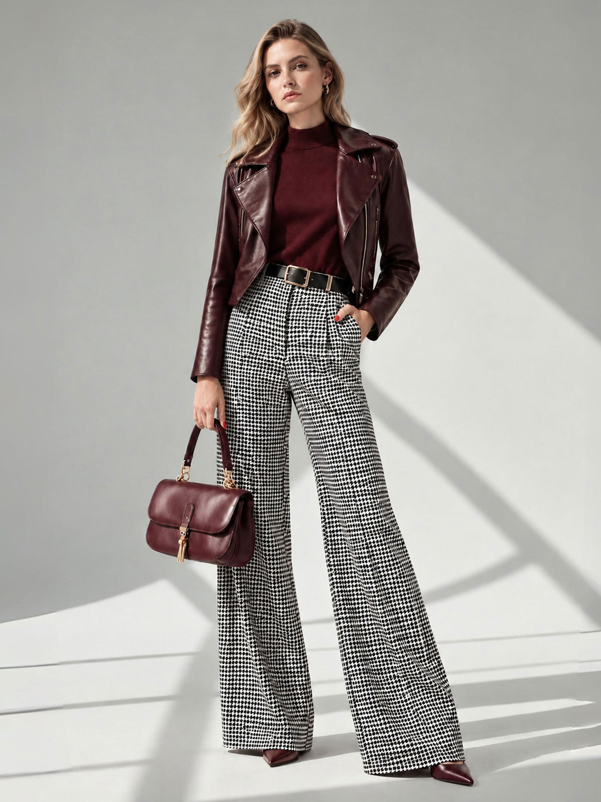 Burgundy Notch Lapel Zip‑Up Short Jacket & Black White Houndstooth Wide Leg Pants 2‑Piece Set