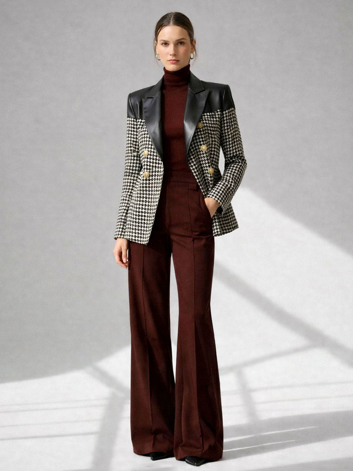Houndstooth Tweed Double Breasted Faux Leather Panel Blazer & Dark Red Wide Leg Trousers 2-Piece Suit