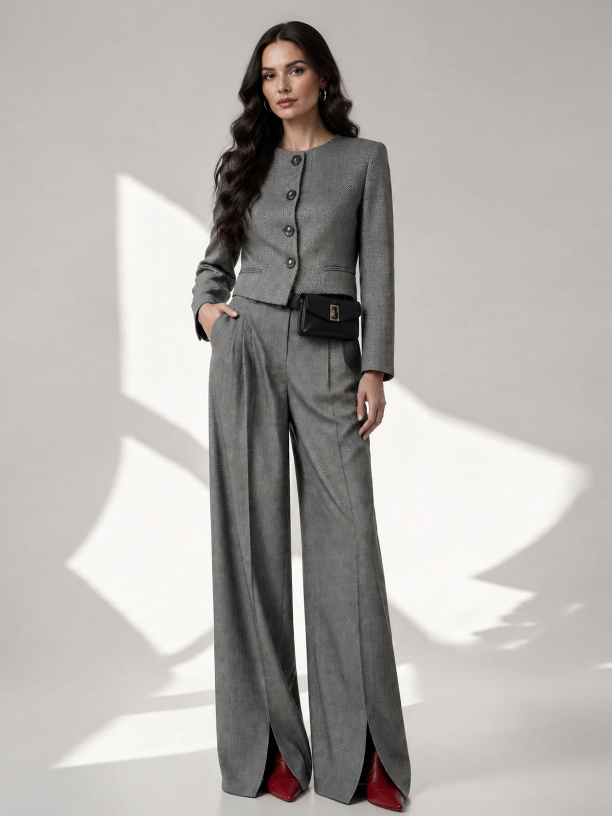 Grey Crewneck Cropped Single Breasted Coat & Wide Leg Trousers 2-Piece Suit