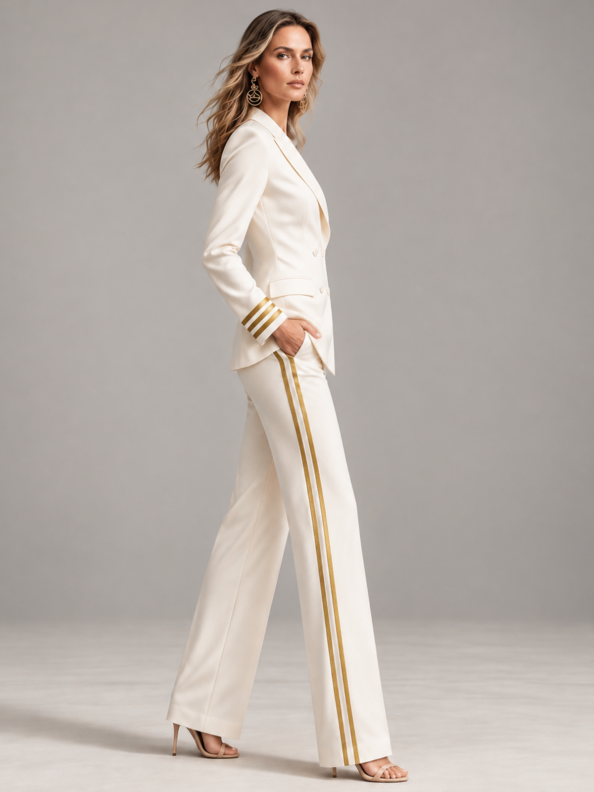 Cream Double Breasted Blazer With Gold Striped Cuffs And High Waist Flared Pants 2-Piece Suit