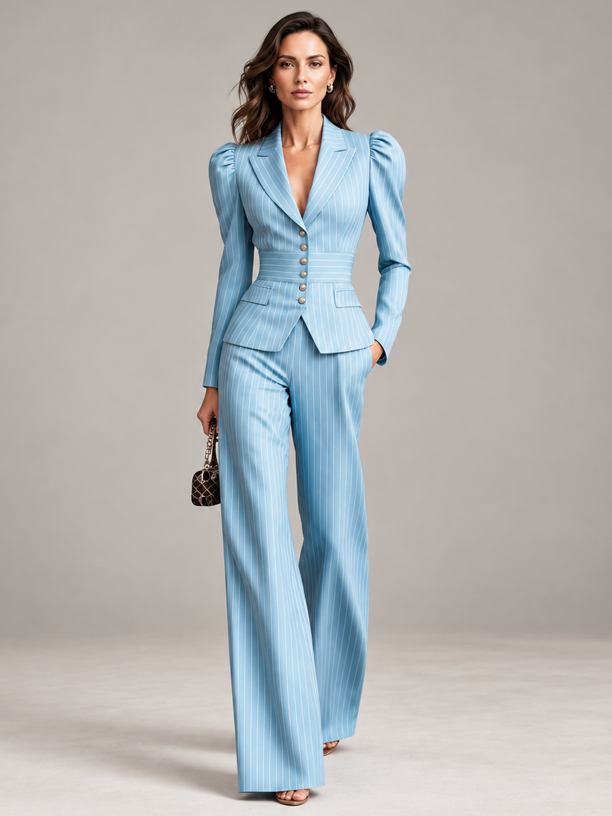 Light Blue Pinstripe Puff Sleeve Peak Lapel Blazer And High Waist Wide Leg Pants 2-Piece Suit