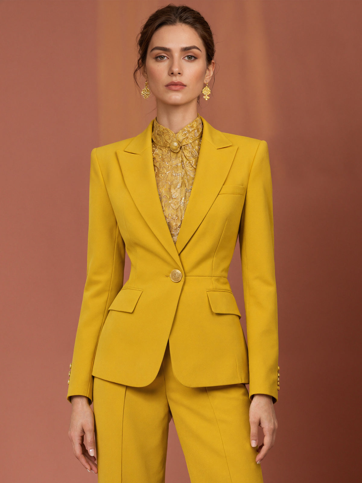 Yellow Single Breasted Blazer With Peak Lapels And Wide Leg Pants 2-Piece Suit