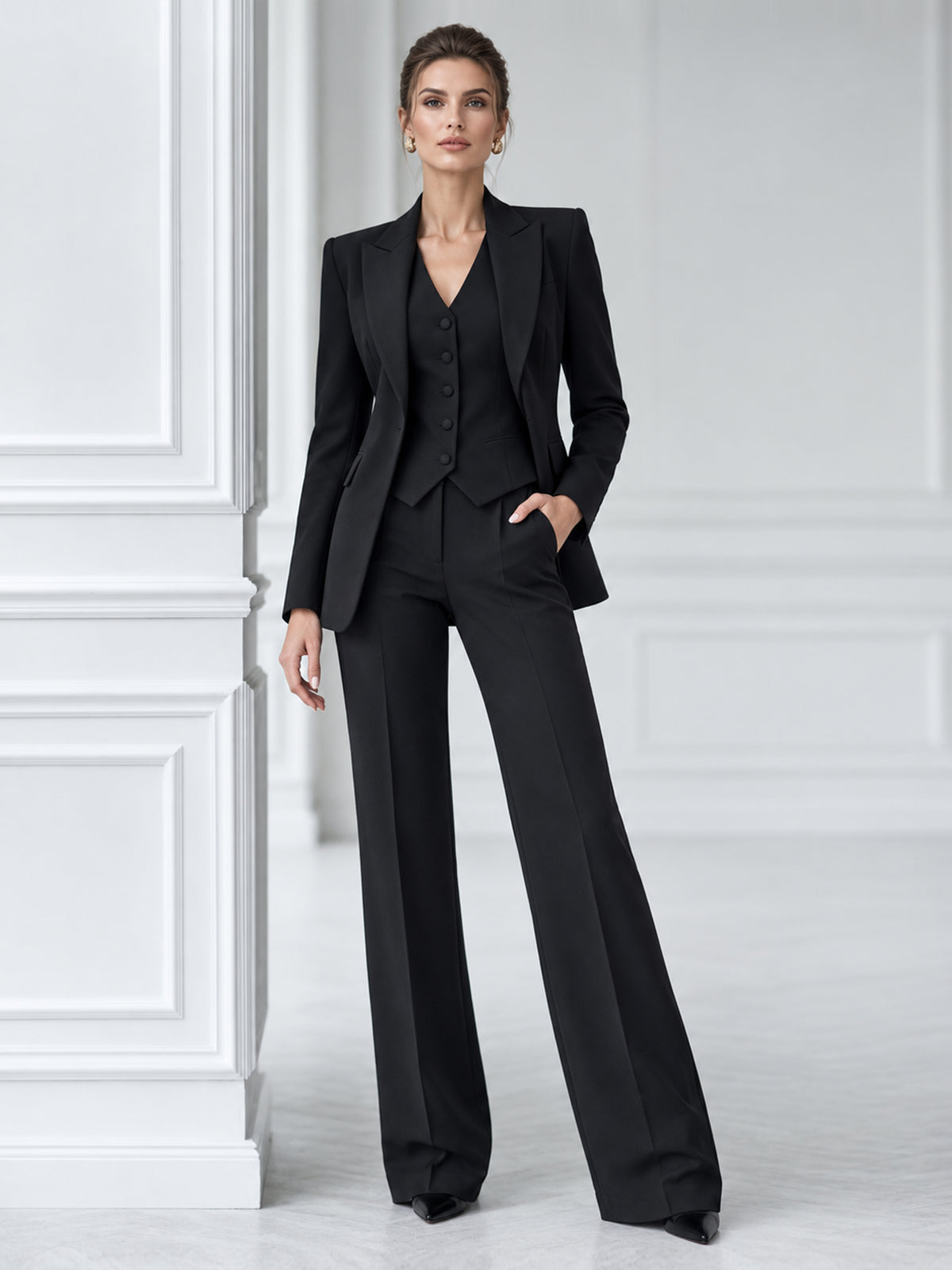 Black Single Breasted Blazer With Peak Lapels & Vast And Wide Leg Pants 3-Piece Suit